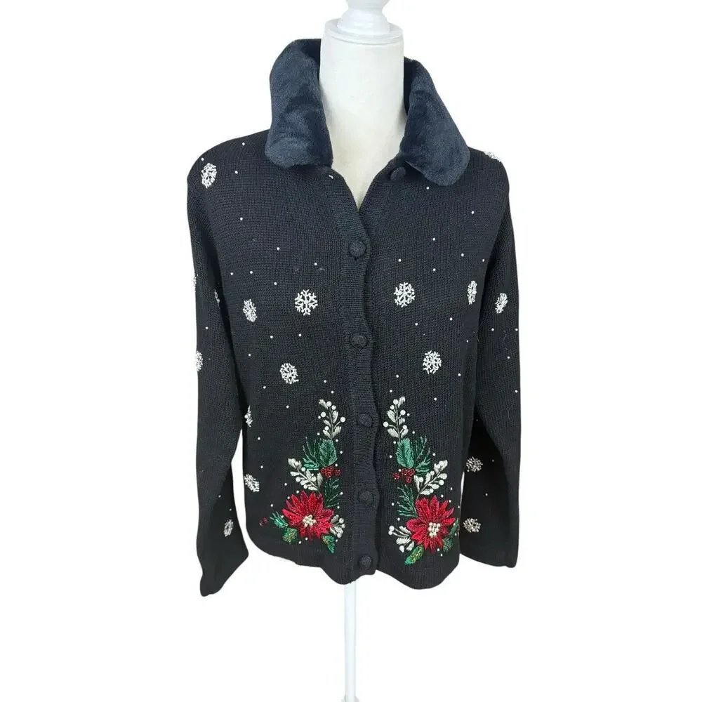 Victoria Jones Sweater Womens Size P/M Black‎ Wool Fur Collar Christmas Cardigan